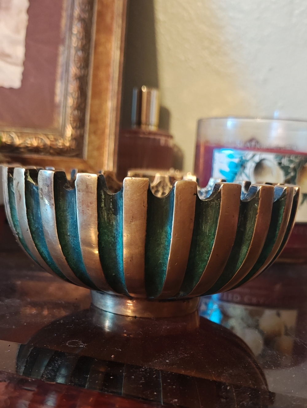 Pal Bell  Antique-Style Green and Brass Decorative Ashtray.